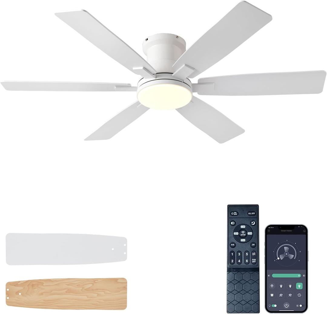 52 inch White Ceiling Fans with Lights and Remote, Low Profile Ceiling Fan with Light, Flush Mount, Reversible, 3CCT, Dimmable, Noiseless, Flush Mount Ceiling Fan for Bedroom Living Room Patios
