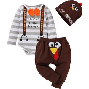 Thanksgiving/Christmas Outfits Infant Baby Boys Xmas Stripe Rompers+Turkey/Deer Pant Set Bodysuit Fall Clothes (0-3 Months)
