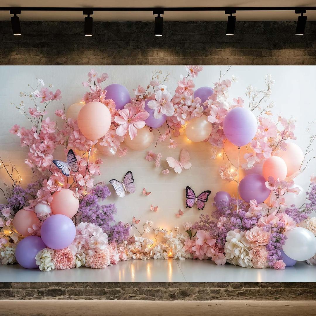 7X5ft Princess 1st Birthday Party Photo Backdrop Photography Background for Girls, Pink Purple Floral Butterfly Balloon Backdrops Photo Booth Prop Decorations Banner Balloons Wall Decor Tablecloth