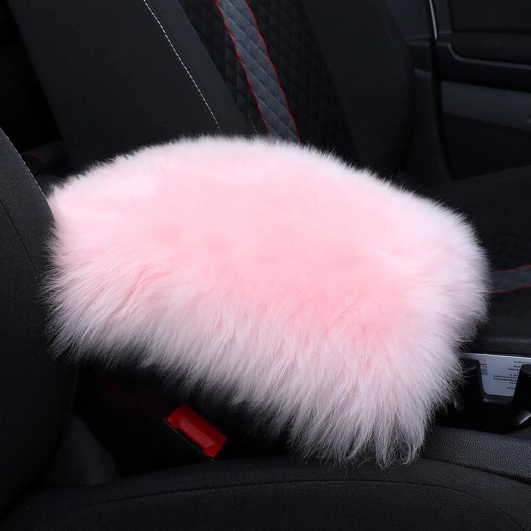 Frienda Furry Armrest Cover Auto Center Console Cover Car Soft Console Pad, Real Sheepskin Wool Soft Fluffy Auto Center Armrest Pad for Most Car Decoration Protector(Light Pink)