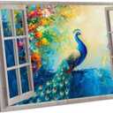 Lnzinro Peacock Wall Art Bird Poster Canvas Framed Animal Wall Decor Painting Artwork, Abstract Outside The Window Flowers Decor Prints for Home Hanging 08x12 inches (12L" x 8W")