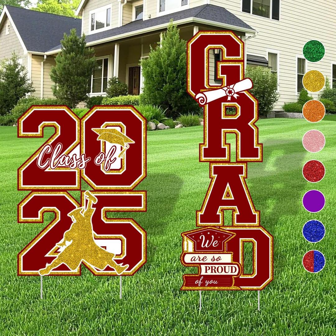 Maroon and Gold Graduation Decorations Yard Signs Class of 2025-4pcs Large Burgundy Congrats Grad Outdoor Porch Lawn Signs with Stakes - Waterproof High School College Senior Graduation Party Decor