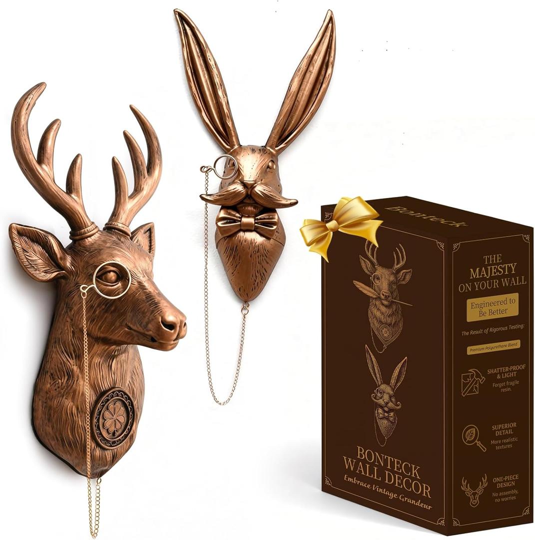 Bonteck Animal Head Wall Decor Animals Sculptures Gold Vintage Head Wall Art Hanging Decoration Home Decor Lightweight Statue for Living Room Bedroom Office 16 inchs Large (Deer+Rabbit)