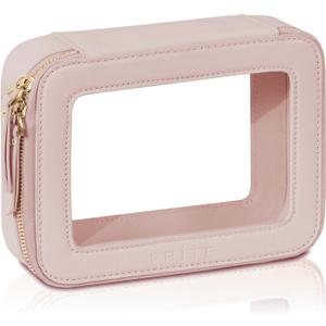 Prite Clear Makeup Bag Cosmetic Organizer Case Waterproof Travel Toiletry Bag Skincare Pouch with Golden Zipper(Pearlescent Pink) (Standard - Single Layer)