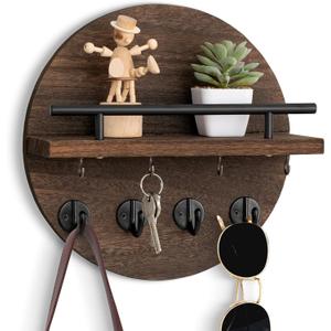 dreampossible Key Holder Wall Mount - 10.2 Inch Decorative Key Rack and Mail Organizer with 8 Key Hooks - Wooden Key Hanger with Shelf for Wall and Home Decor (Brown)
