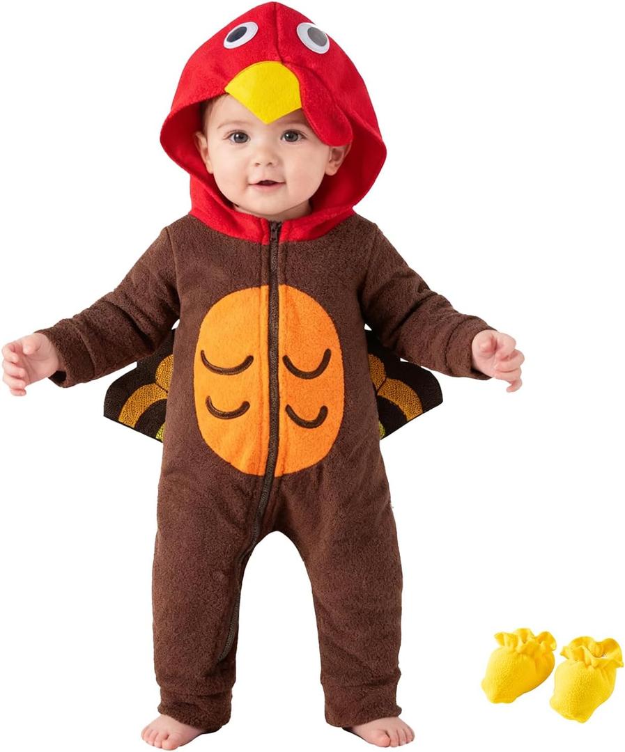 Okbebe Toddler Turkey Dress Up Baby Boy Girl Thanksgiving Turkey Hooded Outfit (6M, Brown)