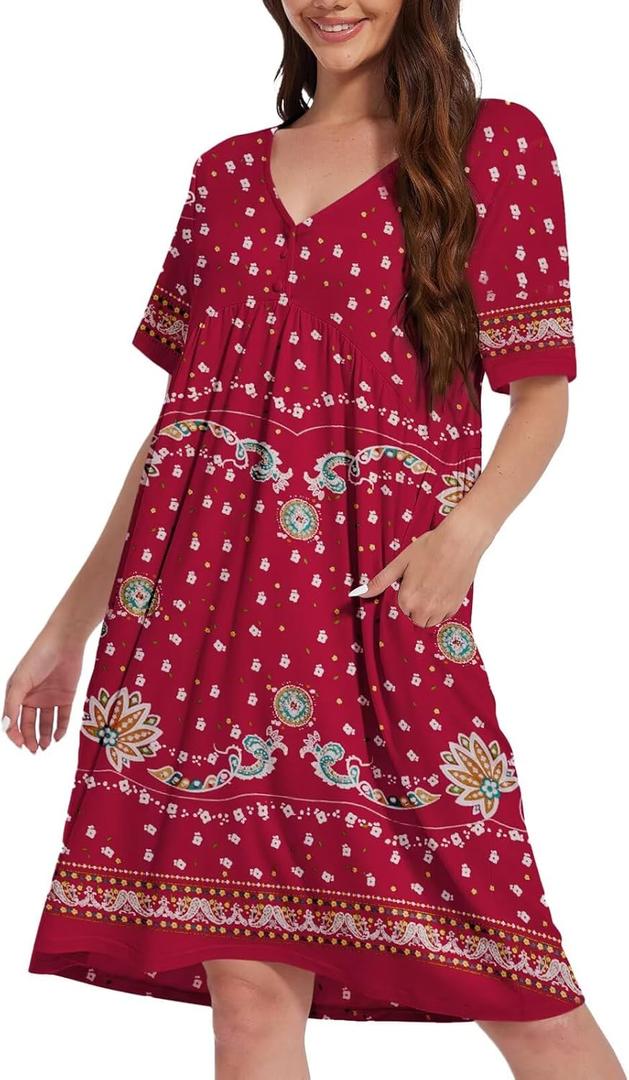 Womens House Dress Floral Print Nightgown with Pockets Mumu Dress S-3XL (Red, XL)