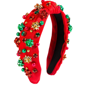 TULOBI Christmas Headband for Women Knotted Headband Xmas Red Green Pearls Rhinestone Crystal Jeweled Hairband with Embellished Crystals and Pearls Designs Holiday Outfits Gifts & Gifts (Red)