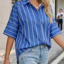 Cicy Bell Women Striped Button Down Shirt Short Sleeve Collared Blouse Tops (Blue)