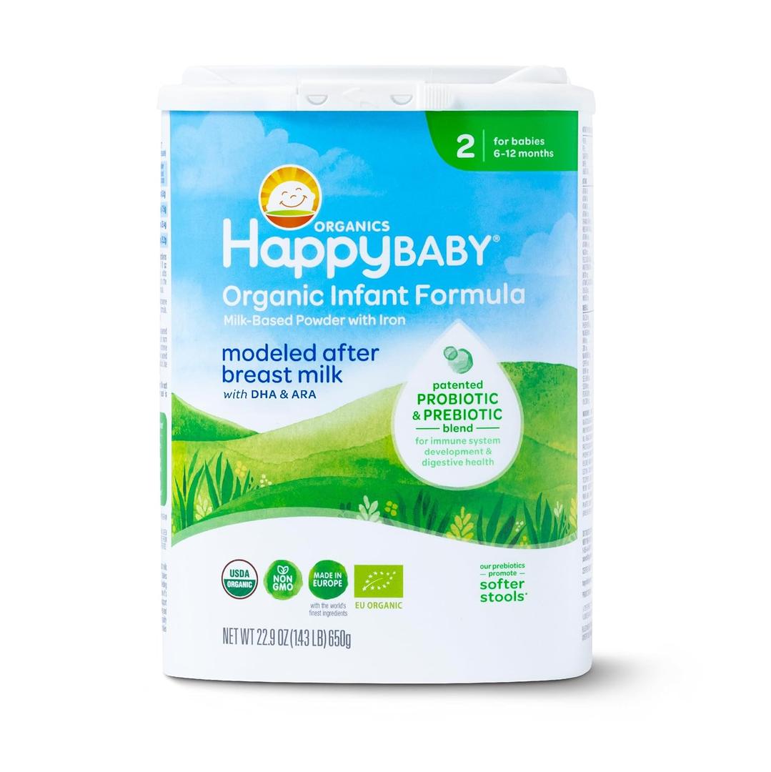 Happy Baby Organics Stage 2 Infant Formula, 6 12 Months, Milk Based Organic Baby Formula Powder with Iron, Probiotics & Prebiotics for Immune & Digestive Support, 22.9 Ounce (Pack of 1)