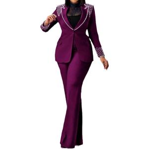 Tcremisa Womens Fashion Pants Suit 2 Piece Business Outfits Pearls Long Sleeve Blazer and Slim Fit Pants Sets Size M