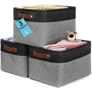 OrganiHaus Large Fabric Storage Baskets for Shelves 3 Pack, 15x11in Closet Storage Bins, Canvas Storage Bin for Organizing, Cloth Baskets, Linen Closet Organizers, Gray/Black
