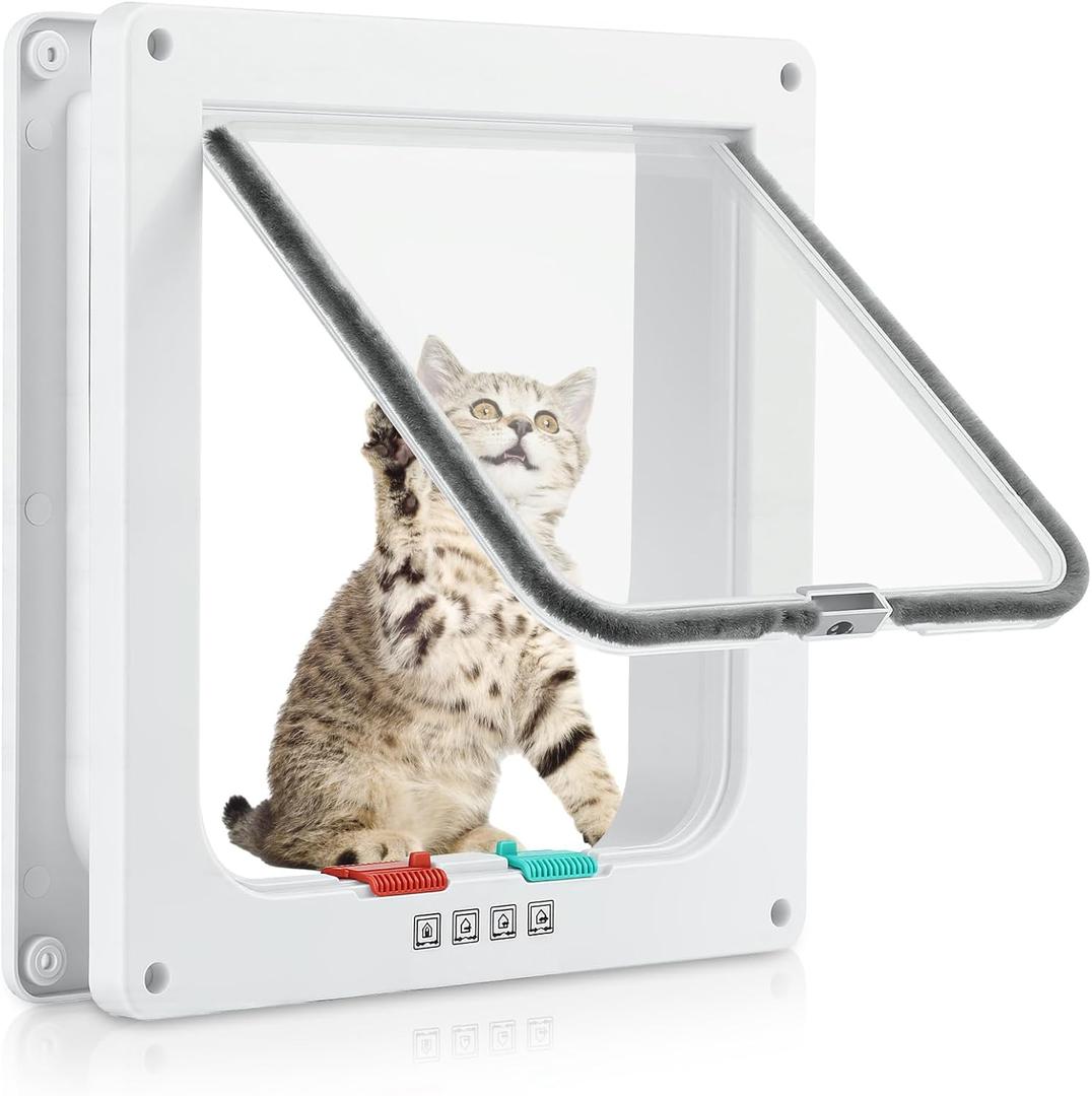 Cat Door for Interior Exterior Door (Outer Size 10.9" x 9.8"), 4-Way Locking Flap for Cats & Dogs(Circumference < 30"), Weatherproof Pet Door, White, ABS Material (XL)