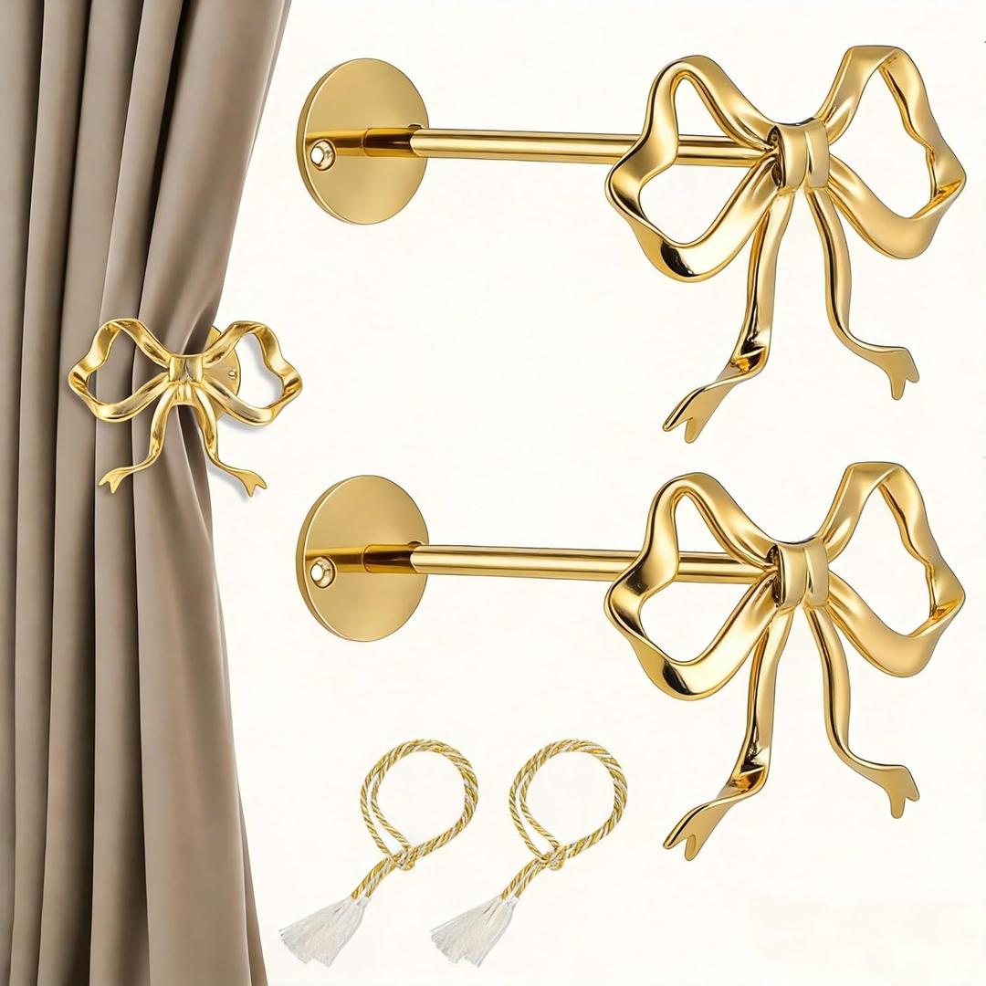 2 Pack Jumbo Bow Curtain Holdbacks, Wall Mounted Large Metal Gold Curtain Tiebacks, Curtain Holders for Wall, Elegant Window Hook for Home Decor, with 2 Pcs Curtain Ties