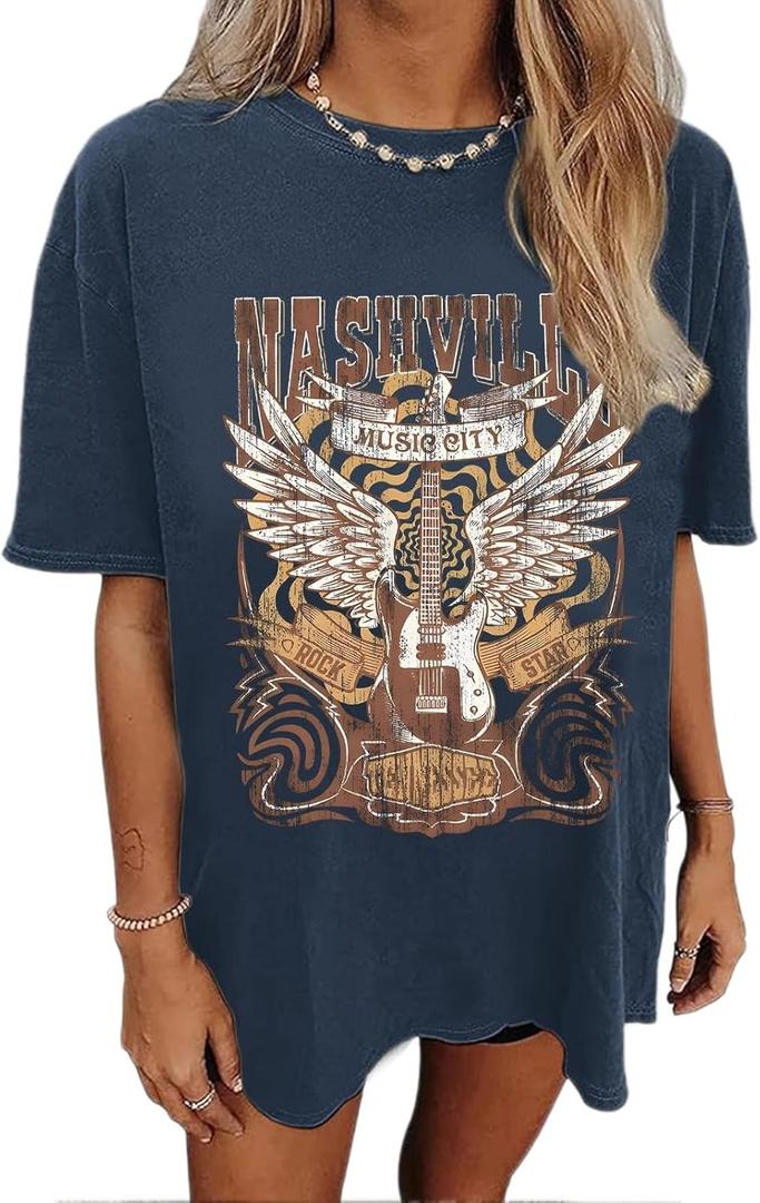 Oversized Rock Band T-Shirt Women Country Music Shirt Tops Nashville Music City Tshirt Vintage Guitar Wings Graphic Tees (Small, Navy Blue)