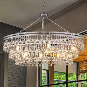 Wellmet Large Chrome Farmhouse Chandelier, 38in Round Modern Crystal Teardrop Chandelier for Dining Room, Bedroom, Kitchen, Hallway, Closet, Living Room
