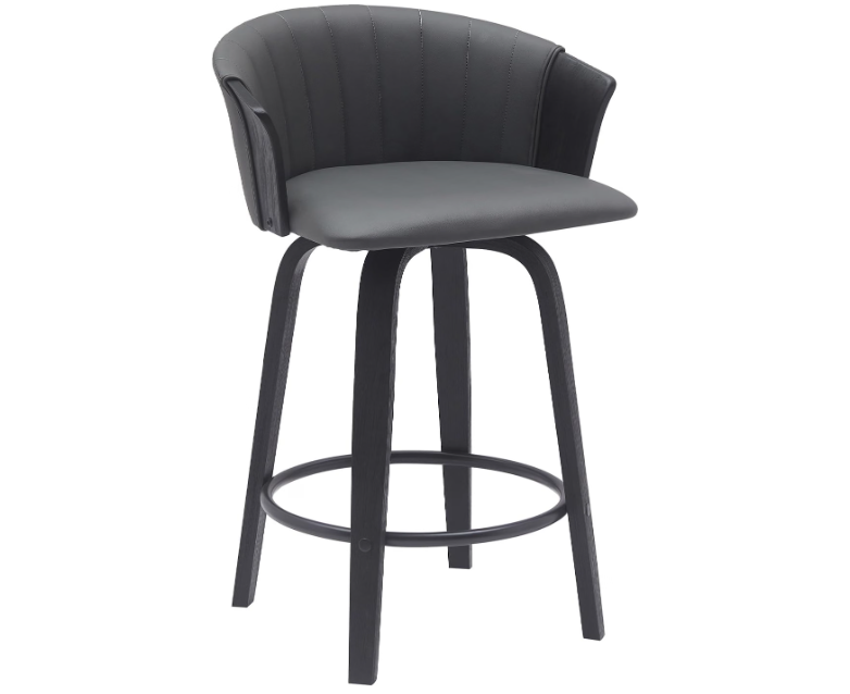 Armen Living Diana 26" Seat Height Mid Century Modern Swivel Black Wood Bar Stool for Kitchen Island Counter in Gray Faux Leather