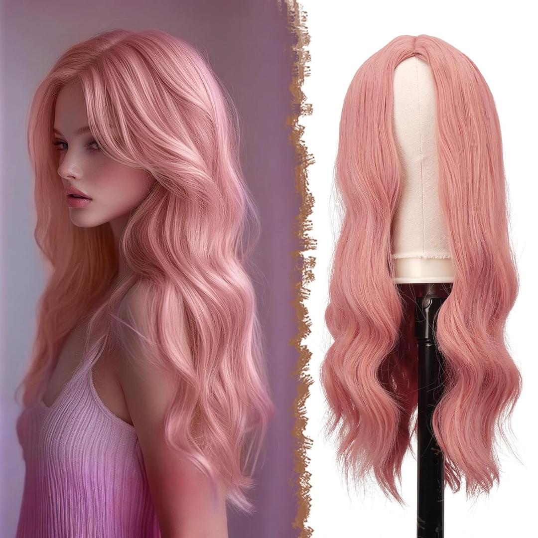 FESHFEN Long Pink Wigs for Women, 22 inch Middle Parting Synthetic Wavy Wig for Daily Party, Pink