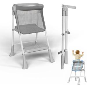 Toddler Tower Foldable, Foldable Toddler Standing Tower for Bathroom Sink or Kitchen Counter with Safety Net, Suitable for 1-6 Years,Grey