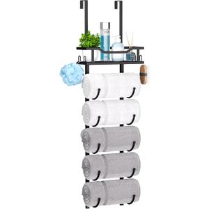 SWTYMIKI Over The Door Towel Rack - 6 Tier Towel Racks for Bathroom Wall Mounted, Towel Holder with Shelf, Hanging Rolled Towel Storage Organizer for Small Bathroom, Camper, RV, Black