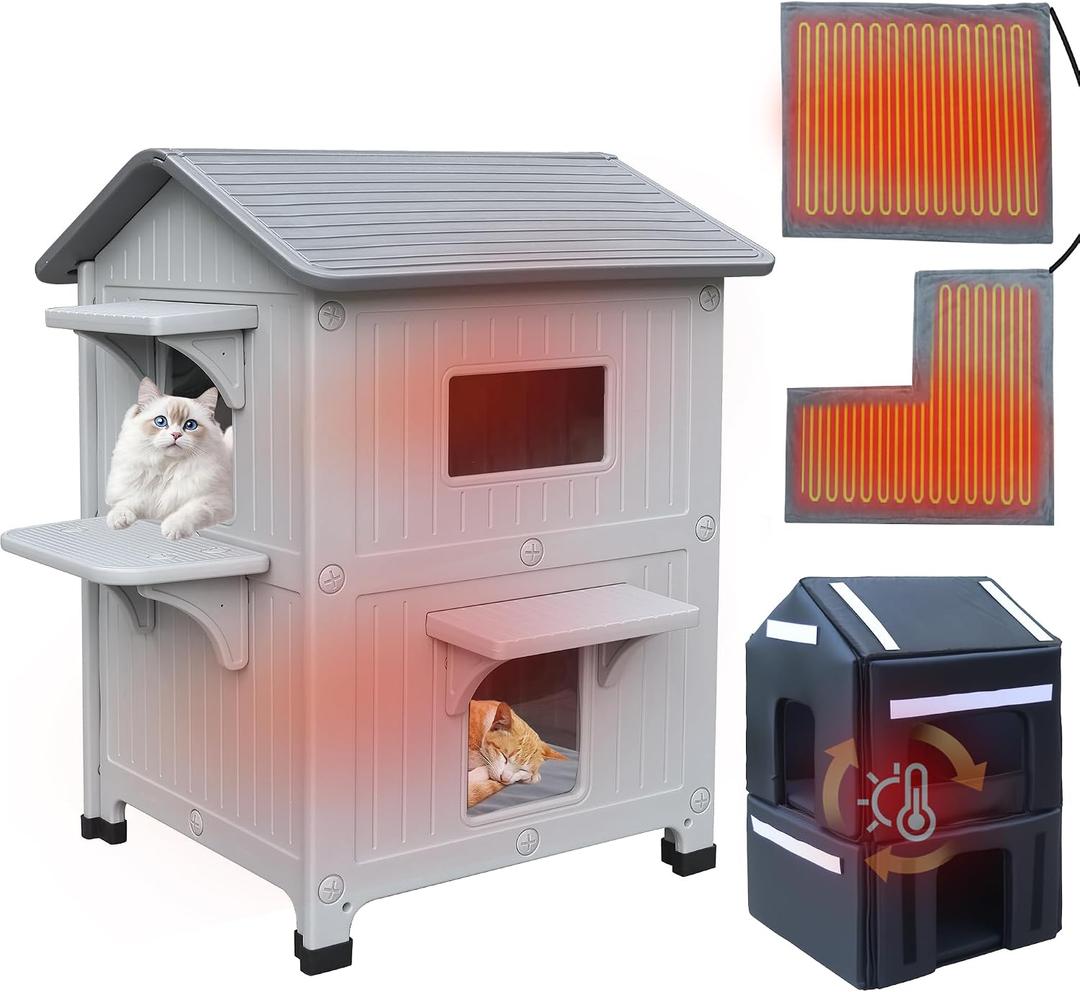 Heated Cat House for Outside in Winter with Escape Door Insulated Cat House, 2 Story Waterproof Cat House for Outdoor Cats, 100% Insulated Outdoor Cat House with Insulated Liner & Heating Pad, 21.5"D x 21"W x 34"H