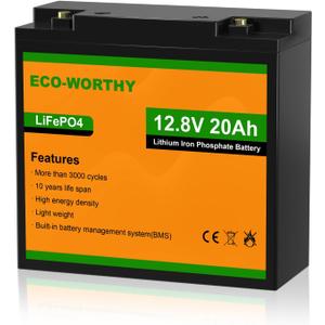 ECO-WORTHY 12V 20Ah Lithium Battery, 3000+ Deep Cycle Rechargeable LiFePO4 Lithium Ion Phosphate Battery with BMS for Trolling Motor, Fish finder, Kids Scooters, Power Wheels, Outdoor Camping