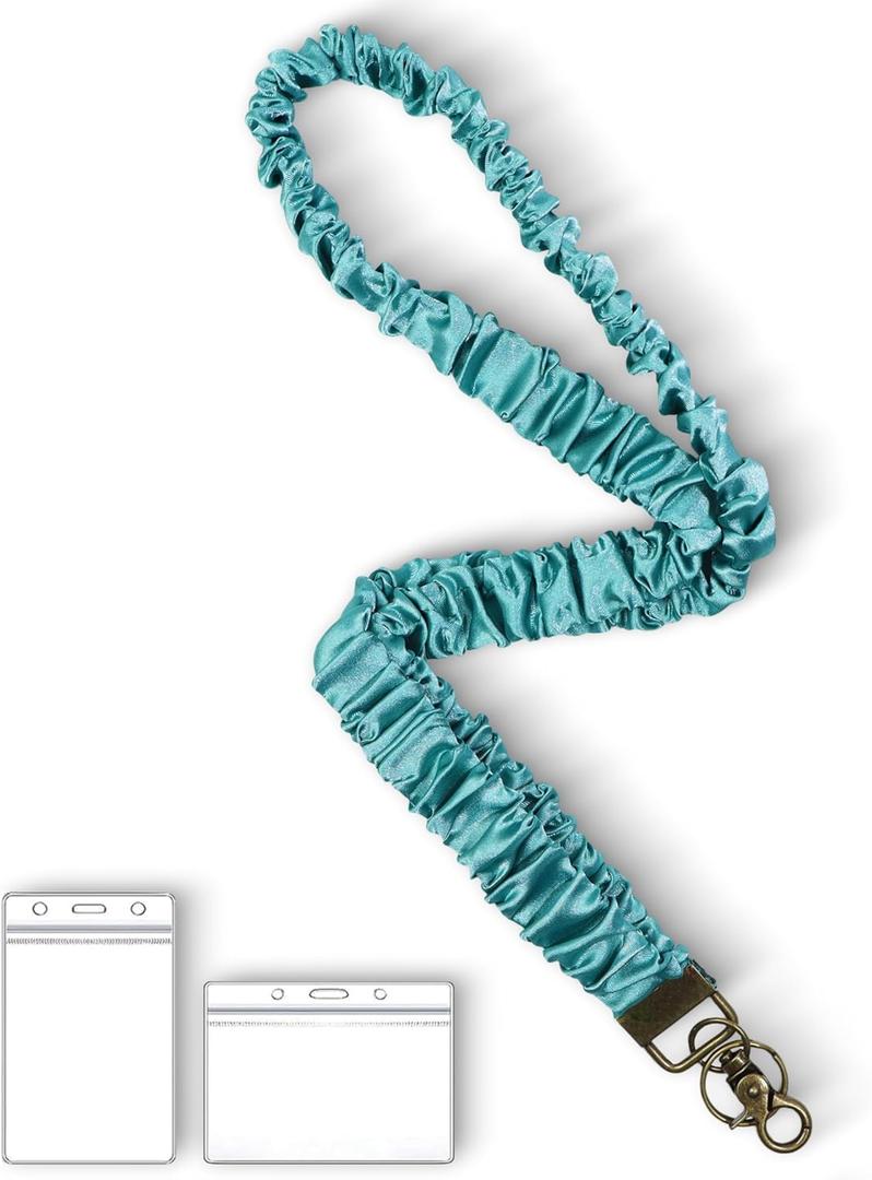 Lanyardio Stretchy Scrunchie Lanyard for ID Badges Keys, Cute Teacher Lanyard for Women with 2 Card Holders 19.6 Inch (Blackish Green)