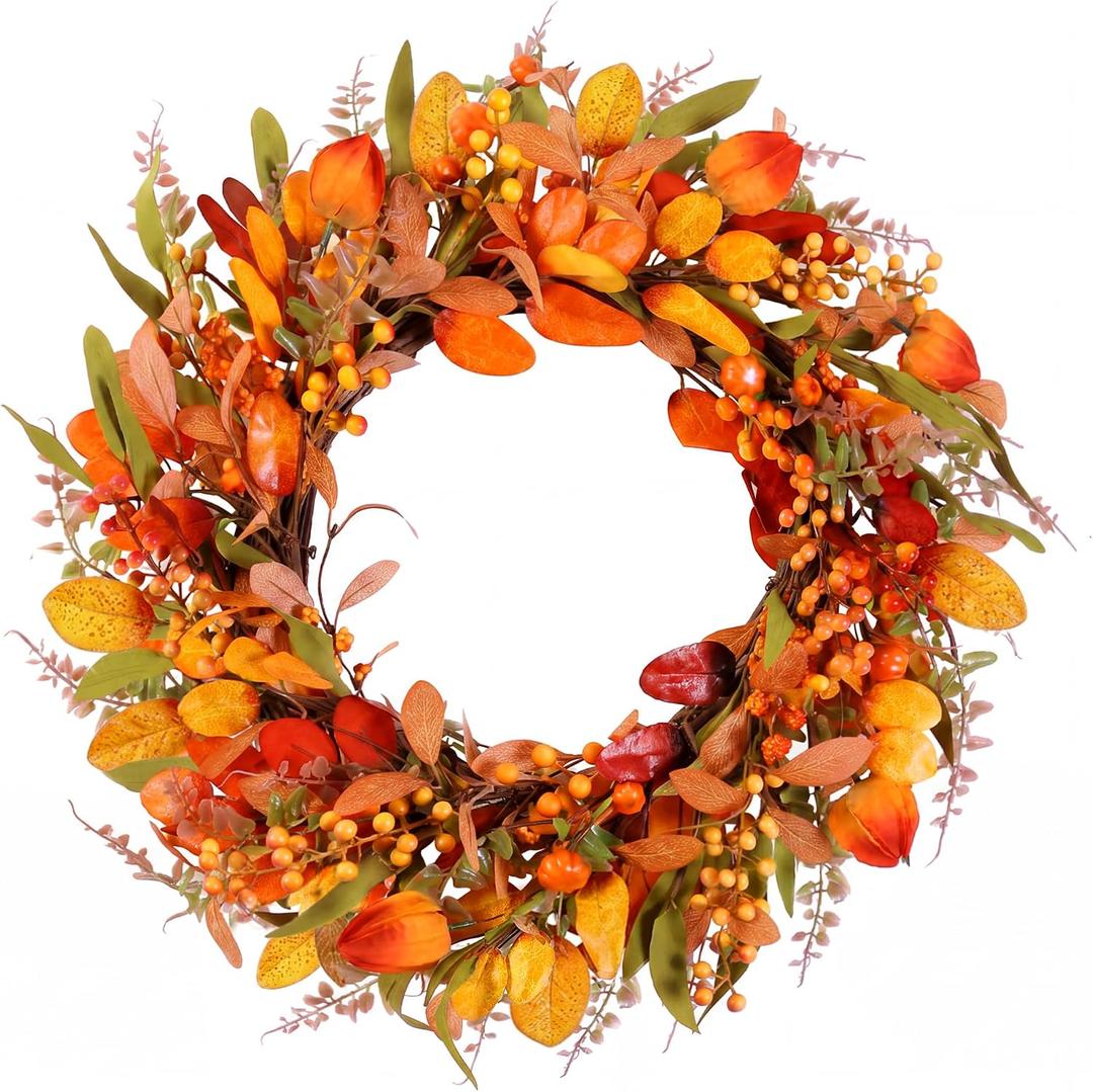 22" Fall Wreath for Front Door Pumpkin Artificial Wall Decor Autumn | Farmhouse Thanksgiving Fall Door Wreath Home Decor Porch Window Outdoor Indoor Door Fall Decorations Holiday Harvest Decor