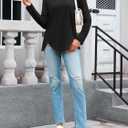 Fisoew Womens Casual Long Sleeve Tunic Tops Round Neck Shirt Button Side Basic Tees Wearring with Leggings (Black, L)