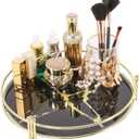 Zosenley Makeup Organizer Tray, Decorative Glass Vanity Tray, Round Cosmetic Storage for Jewelry, Makeup, Perfume, Decor and More, Size 11.5, Black Marbling