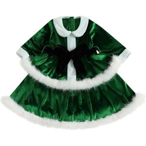 Kid Little Girls Christmas Outfit Santa Claus Velvet Lapel Long Sleeve Dress Princess Party Layered Dresses with Belt (Green, 3-4 Years)