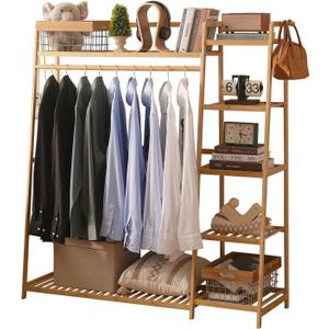 Baveke Bamboo Clothing Garment Rack Frame Made of FSC-Certified Bamboo, 7 Tier Storage Shelf Coat Clothes Hanging Rack, Portable Wardrobe Closet Organizer, Shoe Storage Shelves for Bedroom, Natural