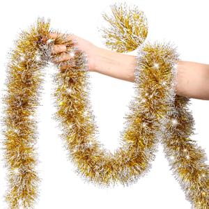 50 Feet Gold Christmas Tinsel Garland for Christmas Tree Decorations, Xmas Metallic Twist Shiny Hanging Garland Decor for Mantle Stairs Fireplace Home Holiday Indoor Outdoor