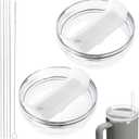 40oz Tumbler Lid Compatible for Stanley, 2 Pack Replacement Tumbler Lids Fit for Stanley Quencher 2.0 Tumbler 40 OZ, with Straws and Cleaning Brush (Clear White)