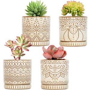Gepege 4 Inch Small Indoor Succulent Ceramic Planter Pot with Drainage Holes and Saucers for Plants, Birthday for Women Mom (White)