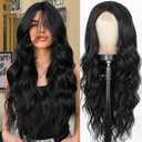 Black Wigs for Women, Long Wavy Wigs Middle Part Curly Wavy Wig Natural Looking Synthetic Heat Resistant Fiber Wig for Daily Party Use 26 Inch
