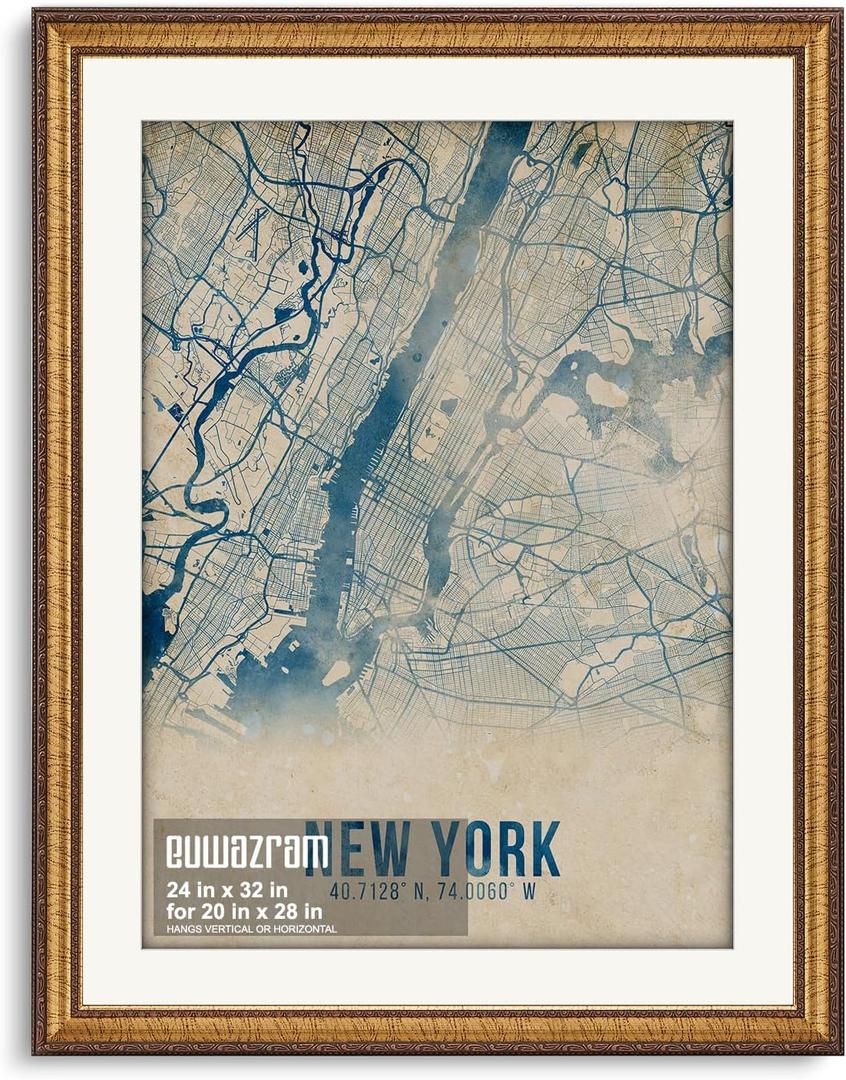 Ornate Classic Gold 24x32 Picture Frame with Mat for 20x28, 24 x 32 in / Matted to 20 x 28 in