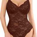 Popilush Shapewear Bodysuit V Neck Tummy Control Backless Lace Tank Tops Sleeveless Thong Bodysuit (XXL (14-16), Brown)