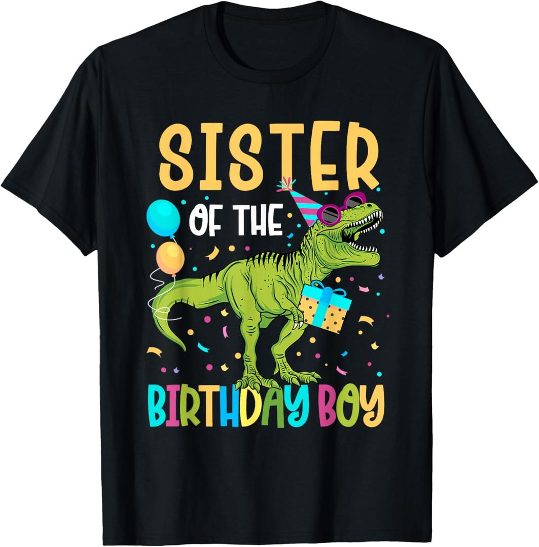 Sister of The Birthday Boy Family Matching Dinosaur Squad T-Shirt (Black)