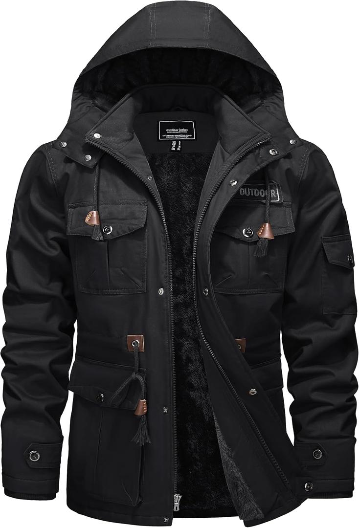 TACVASEN Men's Winter Jacket Cotton Military Jackets Fleece Lined Thick Work Warm Cargo Coats with Hooded (Medium, Black)