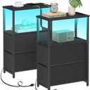 TUTOTAK Small Narrow LED End Table with Charging Station, Side Table Outlets, Nightstand with 2 Cloth Drawers, Set of 2, Couch Table, for Living Room, Bedroom, Bedside, Black TB01BK056