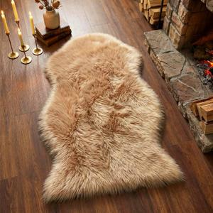 duduta Beige Faux Sheepskin Throw Rug 2x3 ft, Small Fluffy Shag Fur Rug for Bedroom Kids Room Dorm Decor Chair Covers Non Slip