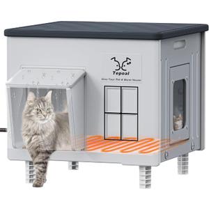 Indestructible Heated Cat House for Outside - Extremely Waterproof & Weatherproof Heated Outdoor Cat House with Escape Door for Winter, Insulated Feral Cat Shelter for Barns Strays, 17.7x15x17.5 in