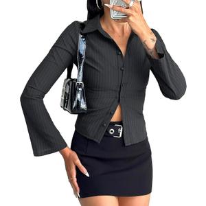 Women Striped Fitted Button Down Shirts Bell Long Sleeve Shirt Office Work Blouse Tops (Small, Dark Grey)