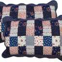 vctops 2-Piece Boho Cotton Quilted Bed Pillow Shams Floral Printed Patchwork Pillow Shams Set, Standard Size (307 Dark Blue, 20"x28")