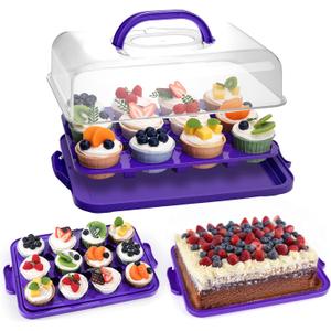 VGOODALL Cupcake Carrier, Rectangle Cake Plate with Lid, 12 Capacity Cup Cake Portable Container Dessert Holder with Handle for Family Picnics and Party Events, 2-in-1 Design, Purple