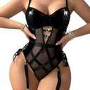 Foxiny Sexy Strappy Lace Up Underwire Sheer Leather Garter Belt Teddy Bodysuit Lingerie Top 2 Piece Set L