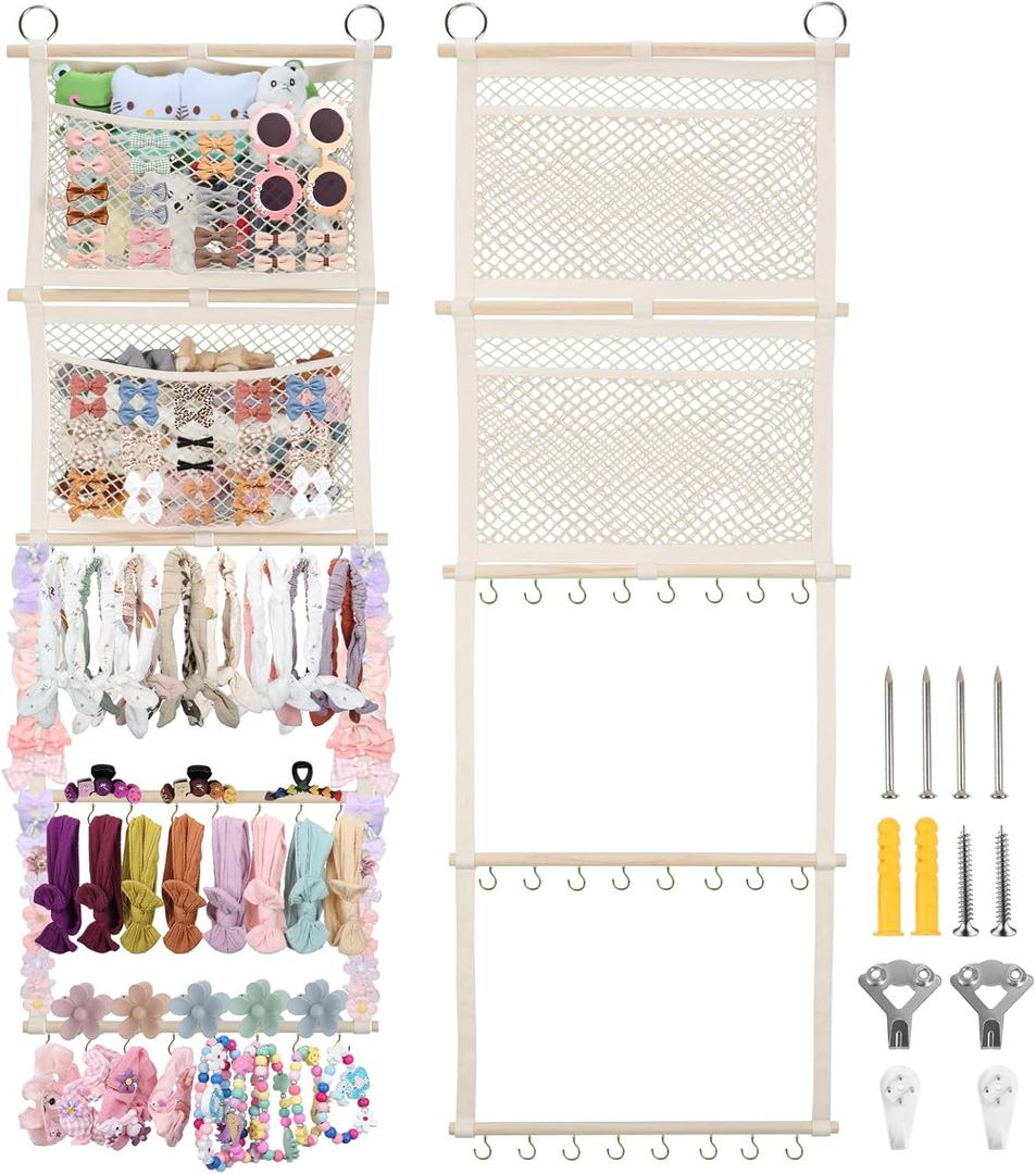 Headband Holder, 17x50in Hair Bow Holder W/ 2 Mesh Pockets & 24 Metal Hooks, Baby Bow Organizer for Girls, Wall Hanging Hair Accessories Organizer Storage Hanger for Toddler Room Nursery Decor(Beige)