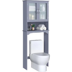 Yaheetech Over The Toilet Storage Cabinet, Free Standing Toilet Rack with Adjustable Shelves and Tempered Glass Doors for Bathroom Washroom, Grey