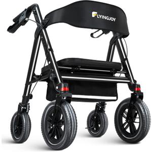 Rollator Walker with Seat,12" Front Wheels 10" Rear Rolling Walker, Extra-Wide Heavy-Duty Rollator Walker with Seat and Brakes for Seniors and Adults Bariatric with Large Aluminum (Black)